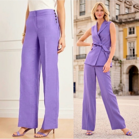 TALBOTS Greenwich Linen Wide-Leg High Waist Pants Pastel Purple Lavender Tulip - Picture 1 of 6